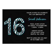Zebra Teal and Black Sweet 16 Birthday Custom Invitations