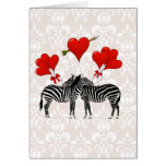 Zebras and hearts on pink damask greeting card