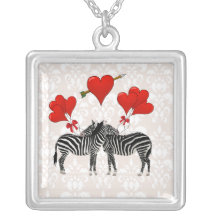 Zebras and hearts on pink damask personalised necklace