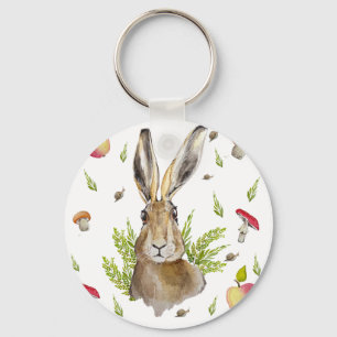 Симпатичный заяц на фоне яблок и грибного key ring