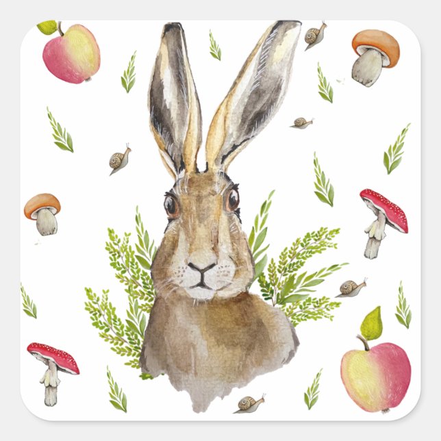 Симпатичный заяц на фоне яблок и грибного  keychai square sticker (Front)