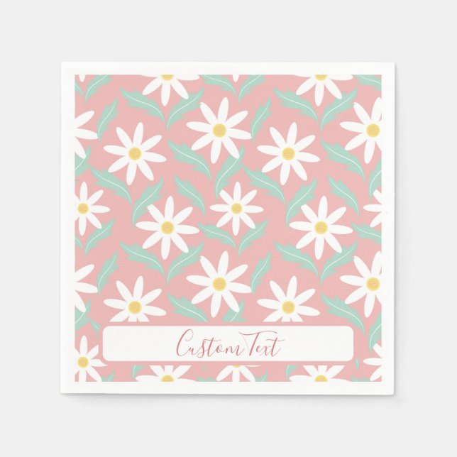 Сhamomile Pink Teal Flower Leaves Personalise Napkin (Front)