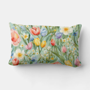 Сolorful Spring Floral Field. Painting Lumbar Cushion