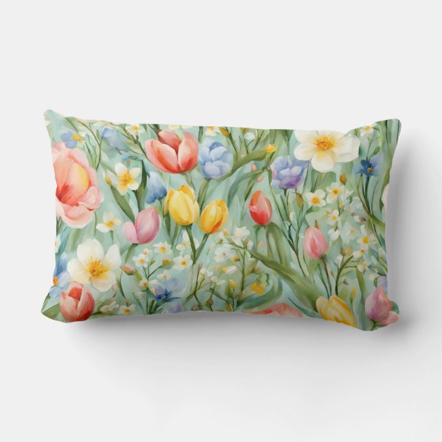 Сolorful Spring Floral Field. Painting Lumbar Cushion (Back)