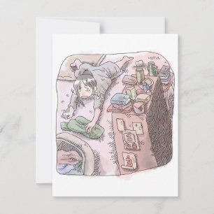 さないくじ 本棚のあるお部屋でたくさんの衣類を運んでいたら転んでしまった女性のイラスト CARD