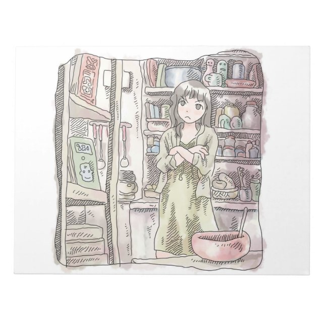 さないごじ　部屋の大きな雑貨棚の前で、腕組みをして顔を顰めて考え込む女性のイラスト NOTEPAD (Front)