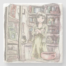 さないごじ　部屋の大きな雑貨棚の前で、腕組みをして顔を顰めて考え込む女性のイラスト