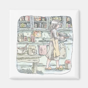 さないしじ 水色の散らかった台所で、料理を運ぶエプロンを着た女性の横姿のイラスト MAGNET