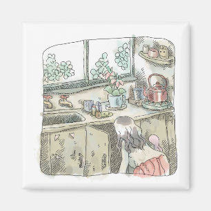 さないなじ 台所の窓際で流しの下の棚を屈んで覗き込む女性のイラスト MAGNET
