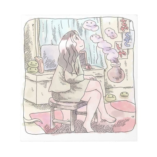 さないにじ　薄い茶色のお部屋で、椅子に座ってもくもくした煙を見上げる女性のイラスト NOTEPAD (Front)