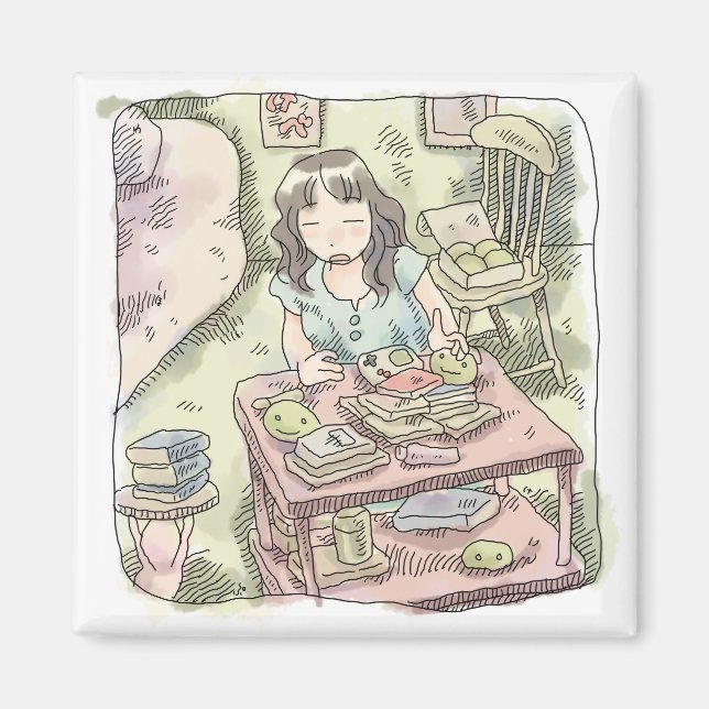 さないやじ　散らかったお部屋の雑貨の置いてある棚を片付ける女性のイラスト MAGNET (Front)