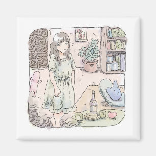 さないれじ 植木鉢と本棚のある部屋で立ってこちらに視線を向ける女性のイラスト MAGNET