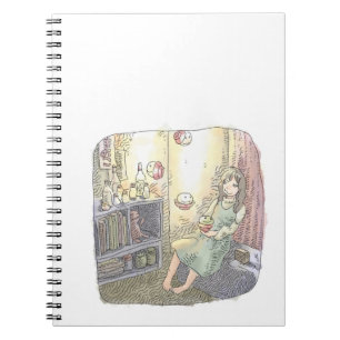 さなくごじ 薄暗いお部屋で柔らかい光を放つ浮いている物体と座っている女性のイラスト NOTEBOOK