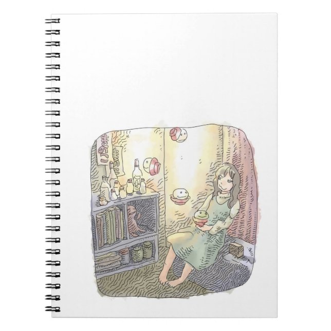 さなくごじ  薄暗いお部屋で柔らかい光を放つ浮いている物体と座っている女性のイラスト NOTEBOOK (Front)