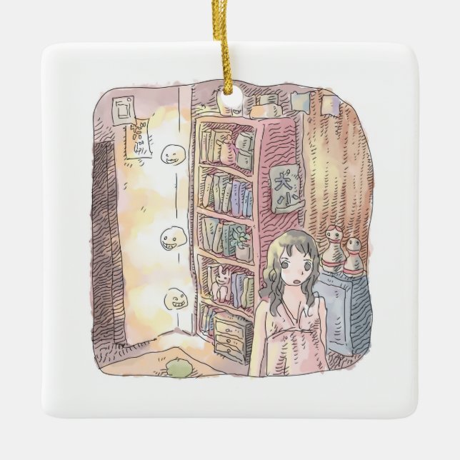 さなくむじ  薄暗いお部屋で本棚のそばに浮いているぼんやり光る物体と女性のイラスト CERAMIC ORNAMENT (Front)