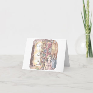 さなくむじ   薄暗いお部屋で本棚のそばに浮いているぼんやり光る物体と女性のイラスト NOTE CARD