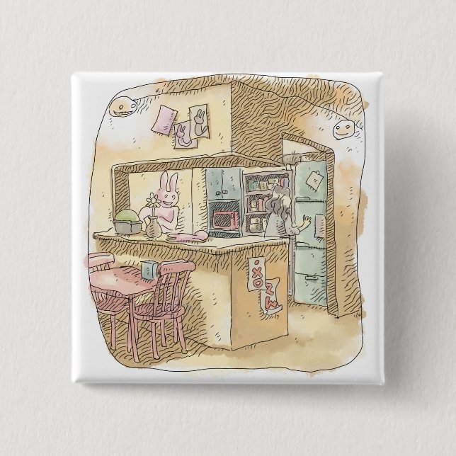 さなくれじ    うさぎのいる黄色いキッチンで冷蔵庫を開けようとする女性の後ろ姿のイラスト 15 CM SQUARE BADGE (Front)