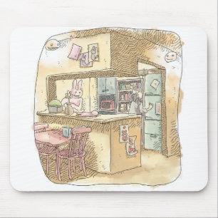 さなくれじ うさぎのいる黄色いキッチンで冷蔵庫を開けようとする女性の後ろ姿のイラスト MOUSE PAD