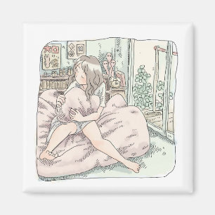 さなさやじ　ベランダのある部屋の窓際で布団の上でクッションを抱きしめて座る女性のイラスト MAGNET