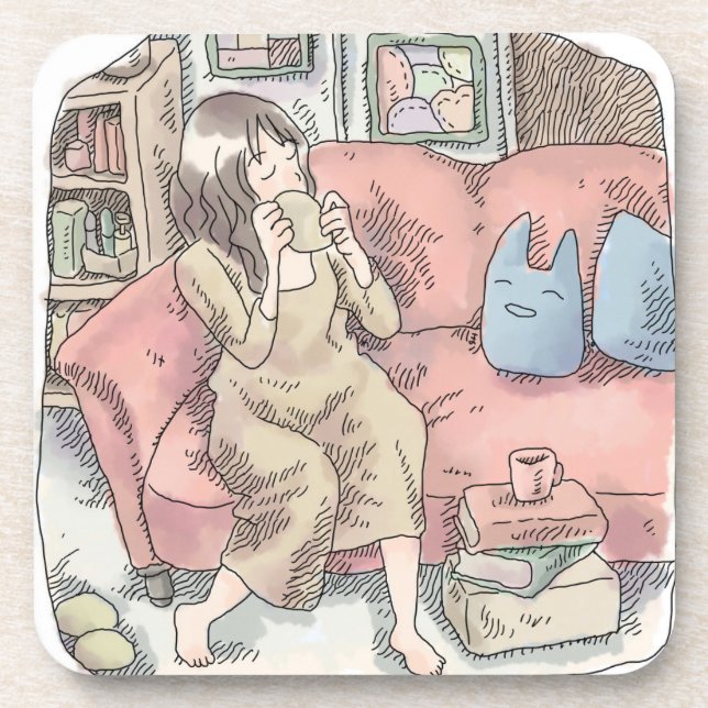 さなににじ　お部屋の中で真っ赤なソファに腰を掛けてまったりカップをすする女性のイラスト COASTER (Front)