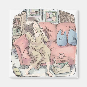 さなににじ お部屋の中で真っ赤なソファに腰を掛けてまったりカップをすする女性のイラスト MAGNET