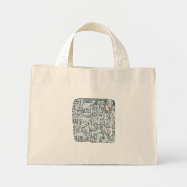 さなむいじ　灰色の細かい機械がたくさん並んでいる場所と女性のイラスト MINI TOTE BAG (Front)