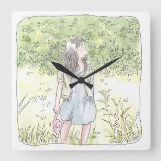 さなむなじ　緑の草原に立って周囲を見渡す女性のイラスト SQUARE WALL CLOCK