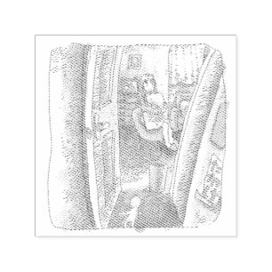 さなやいじ 水色のドアが開いているお部屋の奥に座っている女性のイラスト SELF-INKING STAMP