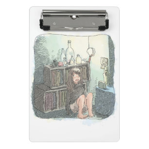 さなやにじ  　薄明るい水色のお部屋の本棚のそばで座る素足の女性のイラスト MINI CLIPBOARD