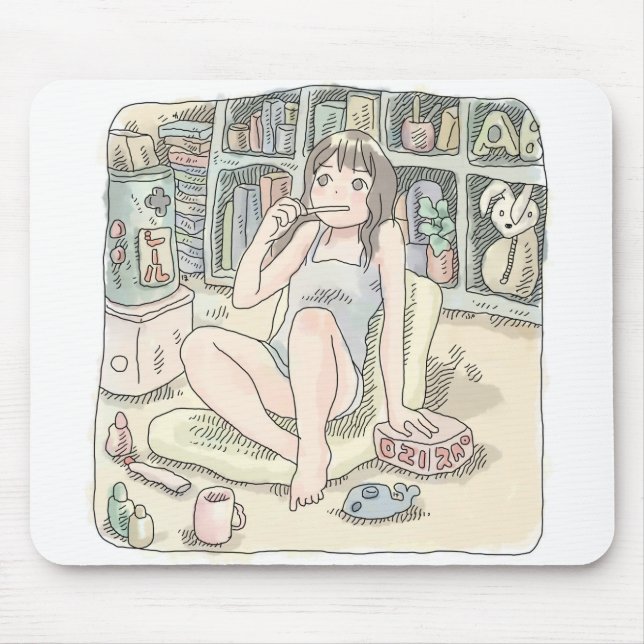 さなれごじ　本がたくさんある散らかったお部屋の座椅子にもたれて歯を磨いている女性のイラスト MOUSE PAD (Front)