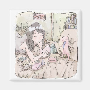 さなれさじ 寝室のベッドの上に寝そべって、化粧品や小物を広げる女性のイラスト MAGNET