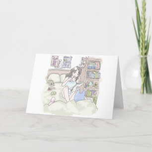 さにいごじ 寝室のベッドの上で座り込んで何かをノートに書きこんでいる女性のイラスト HOLIDAY CARD