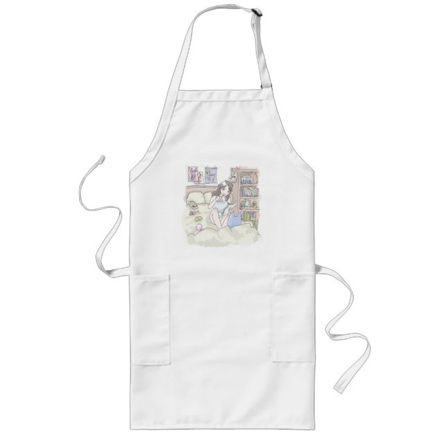さにいごじ　寝室のベッドの上で座り込んで何かをノートに書きこんでいる女性のイラスト LONG APRON (Front)