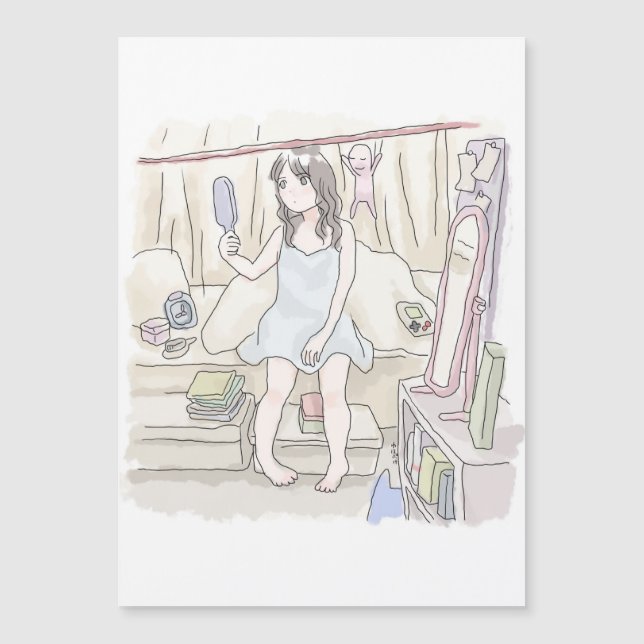 さにいなじ　姿見のある寝室のベッドに腰かけて手鏡を見る寝起きの女性のイラスト (Front)