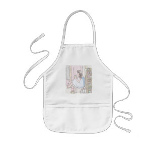 さにいむじ お部屋の隅っこのカーテンのある窓際で座って湯呑でお茶をすする女性の横姿のイラスト KIDS APRON