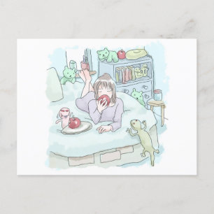さにごごじ 水色の寝室でベッドに寝そべってリンゴを齧る女性のイラスト HOLIDAY POSTCARD