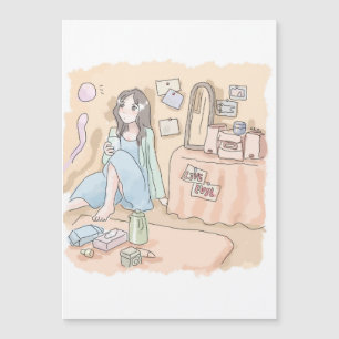 さにさしじ オレンジ色のお部屋の壁際にもたれて座る女性のイラスト
