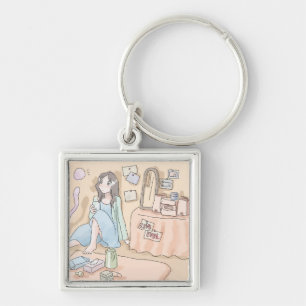 さにさしじ 橙色のお部屋の壁際の隅に座って何かを見ている女性のイラスト KEY RING