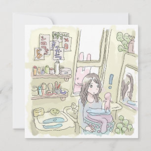 さにしごじ 黄色い洗面所で窓から覗いている兎と、洗濯カゴを持つ女性のイラスト CARD