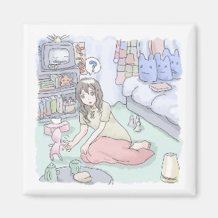 さにしれじ　緑のカーペットが敷いてある寝室でへたり込んでいる女性のイラスト MAGNET