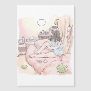 さにれにじ 照明の明るい寝室で座って足を投げ出す女性のイラスト