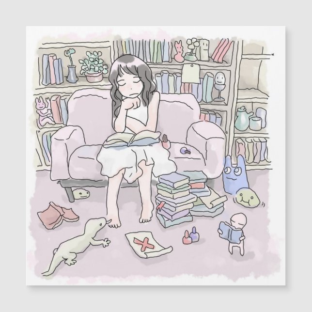 さむごさじ　本だらけの棚のある部屋の、大きなソファに座って目を閉じて考え込む女性のイラスト (Front)