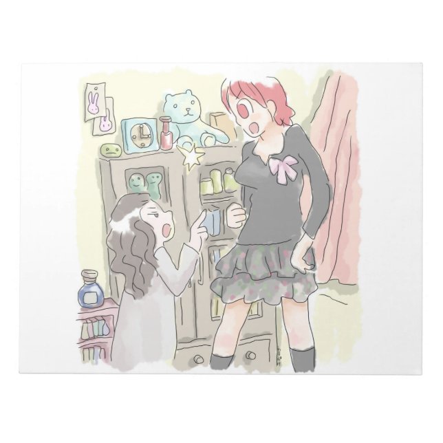 さむさにじ　部屋の棚の前で、向き合って口論をする身長差のあるふたりの女性のイラスト NOTEPAD (Front)
