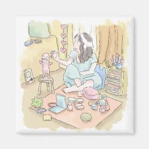 さむされじ　橙色の寝室で絨毯の上に座ってポーチの中の化粧品を広げる女性のイラスト MAGNET