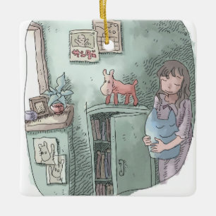 さやさくじ 水色のお部屋の隅の暗がりでぬいぐるみを持って目を閉じる女性のイラスト CERAMIC ORNAMENT