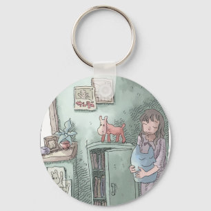 さやさくじ 水色のお部屋の隅の暗がりでぬいぐるみを持って目を閉じる女性のイラスト KEY RING