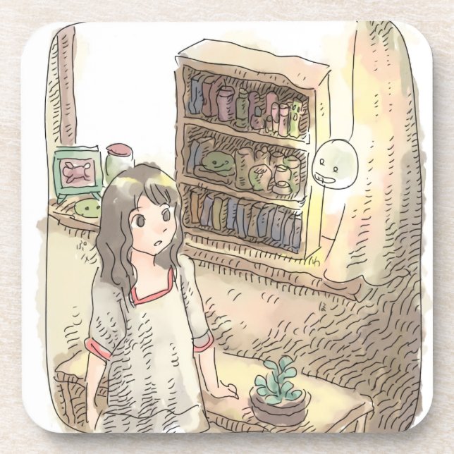 さやさむじ　茶色い本棚のあるお部屋でぼんやり光って浮いてる物体を見る女性のイラスト COASTER (Front)