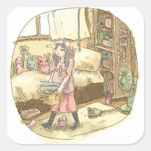 さやしいじ 黄色いお部屋で、眠そうな眼差しで洗濯物の入った籠を運んでうろうろする女性のイラスト SQUARE STICKER