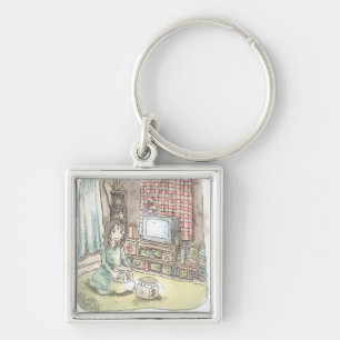 さやれにじ 古いテレビのある部屋で、四角いものを持ってカーペットの上に座っている女性のイラスト KEY RING
