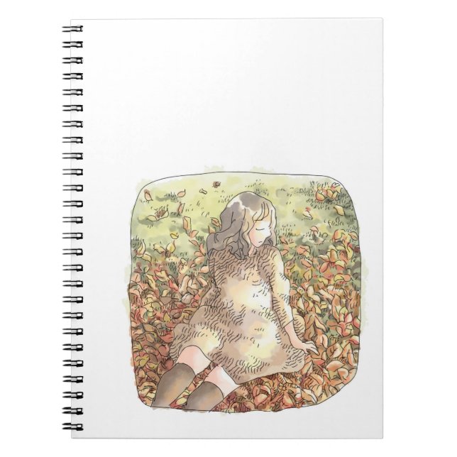 さやれむじ　秋の晴れた日、たくさんの枯れた落ち葉の上に座るワンピースの女性のイラスト NOTEBOOK (Front)
